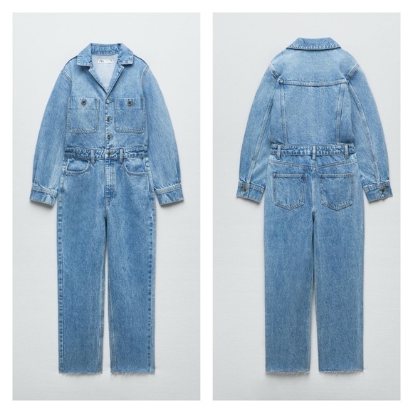 ZARA Long Sleeve Zip Front Denim Jumpsuit Flight Suit Small NWT Blogger Favorite - Picture 6 of 7